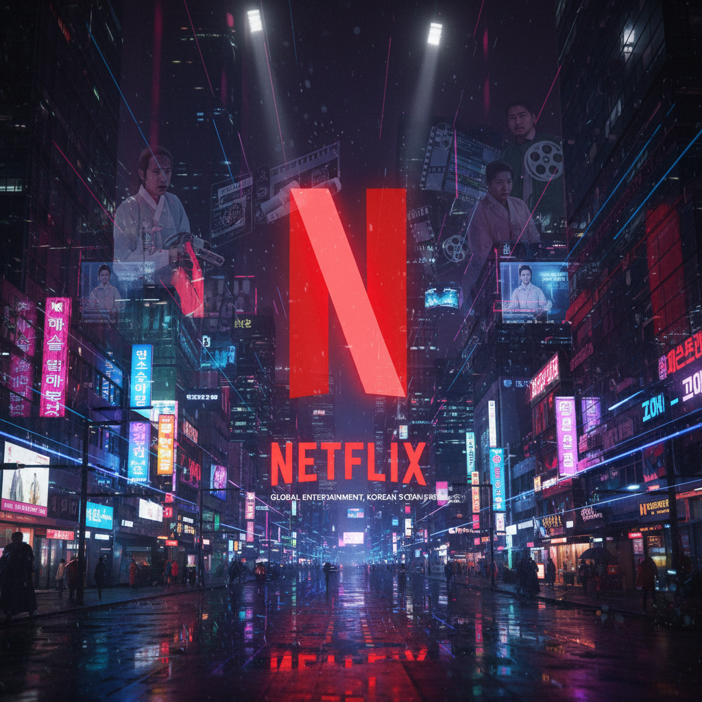 A conceptual image of the Netflix logo glowing over a dynamic scene from a K-Drama