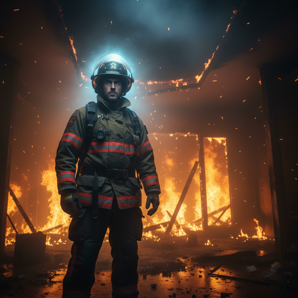 A firefighter commander sensing danger in a burning building