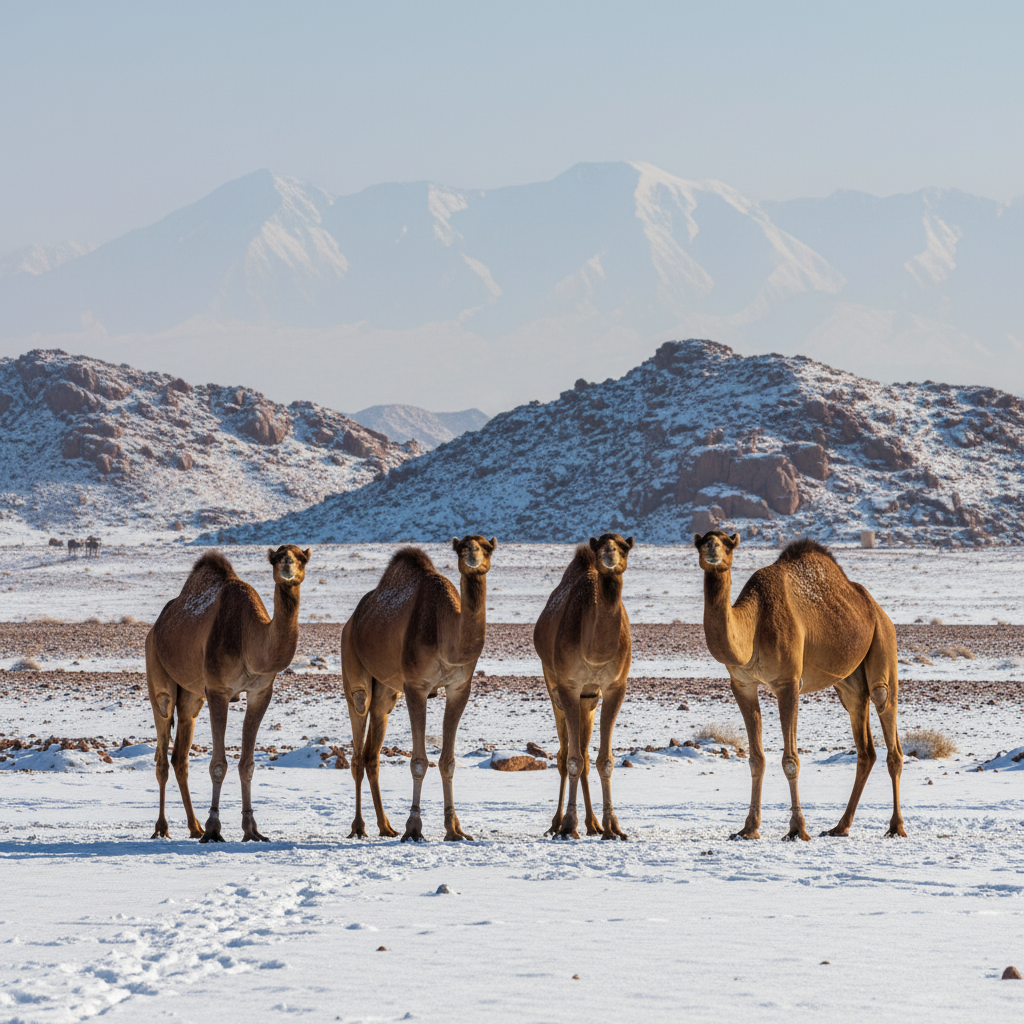 A real photo of camels standing in a snow-covered landscape in the Tabuk region of Saudi Arabia