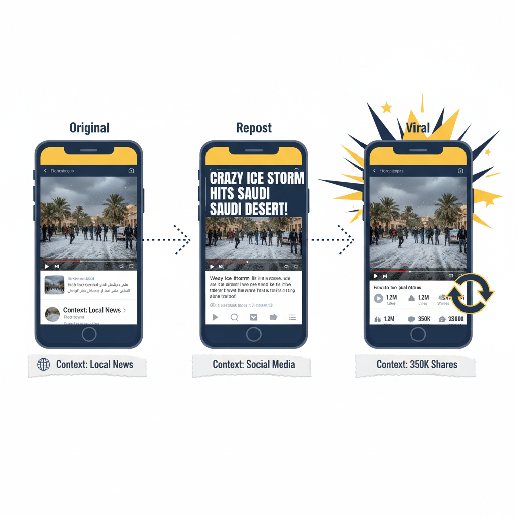 An illustration of 'context collapse' where a video is downloaded and re-uploaded with a false caption