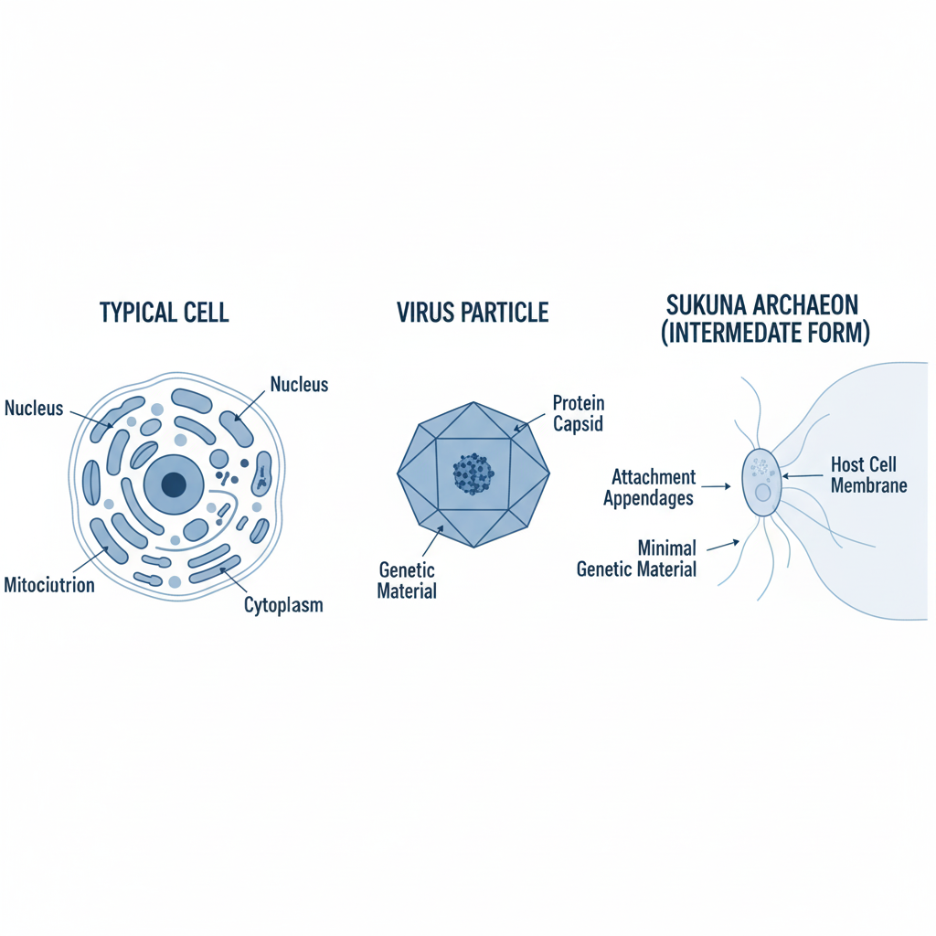Diagram comparing a typical cell, a virus, and the Sukuna archaeon