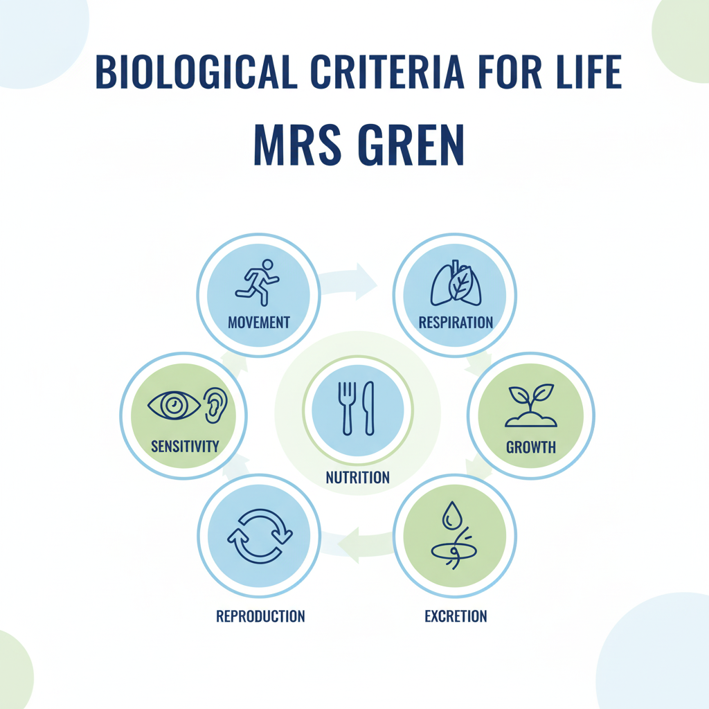 Infographic of the standard biological criteria for life (MRS GREN)