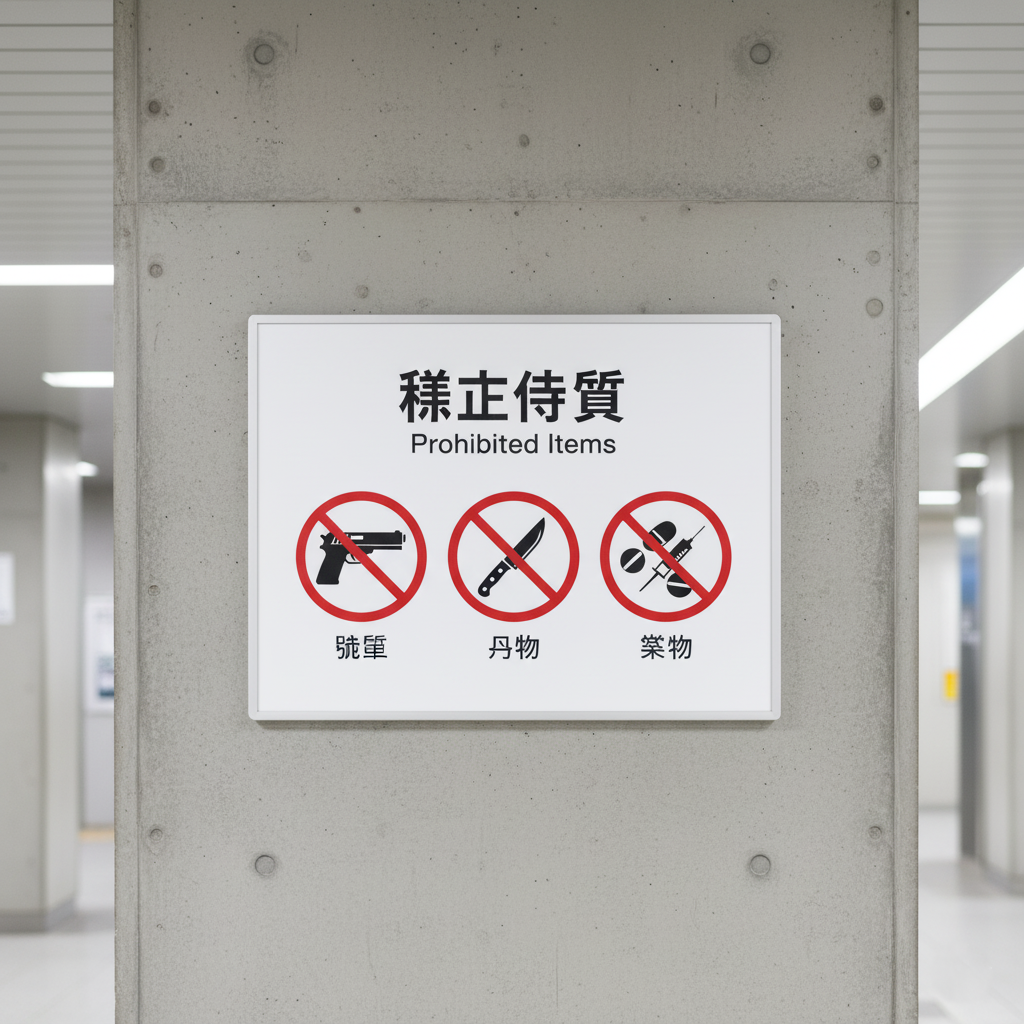 Sign showing strictly prohibited items including guns in Japan