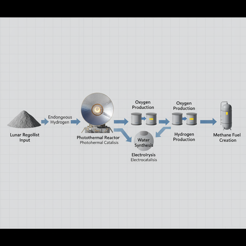 A simplified diagram of China's proposed lunar ISRU process, showing soil input and oxygen/hydrogen/water output
