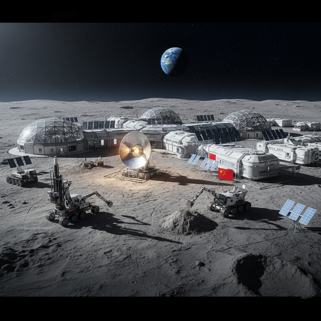 A conceptual image of a futuristic lunar base and mining operation