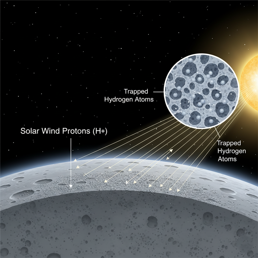 A diagram illustrating the solar wind implanting hydrogen (protons) into the grains of lunar regolith