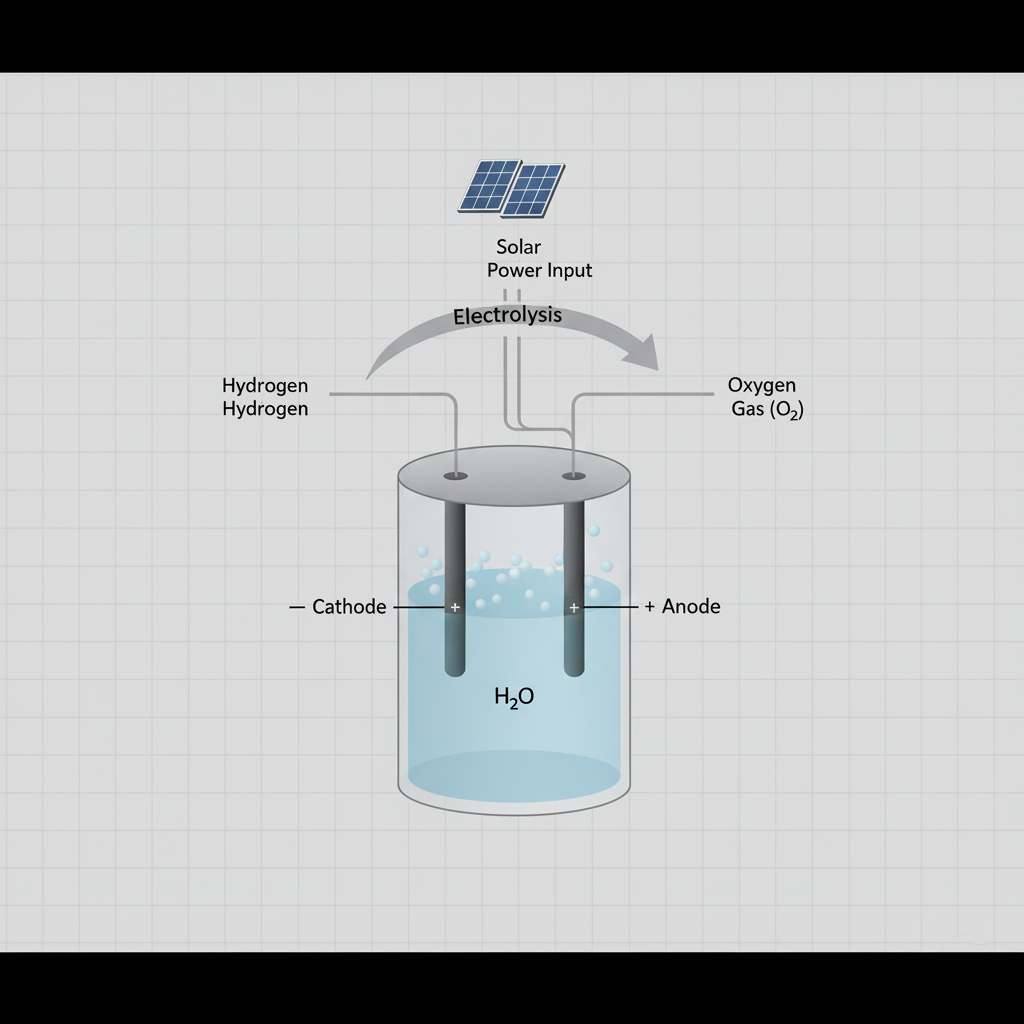 A diagram showing the electrolysis of water (H2O) into hydrogen (H2) and oxygen (O2)