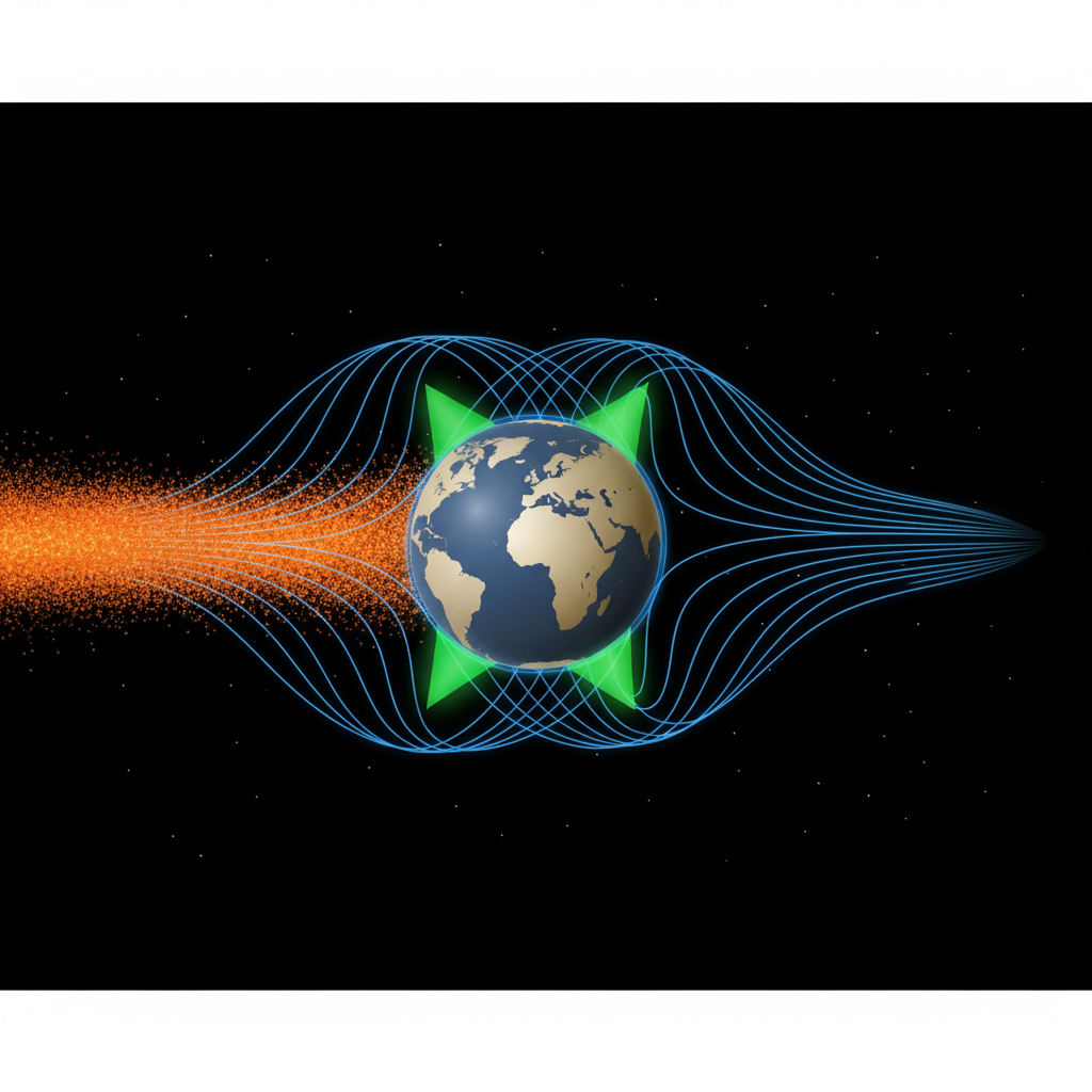 Diagram of solar wind hitting Earth's magnetosphere and creating auroras