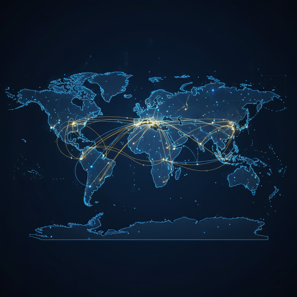 A glowing map of the world showing the vast network of underwater internet cables.