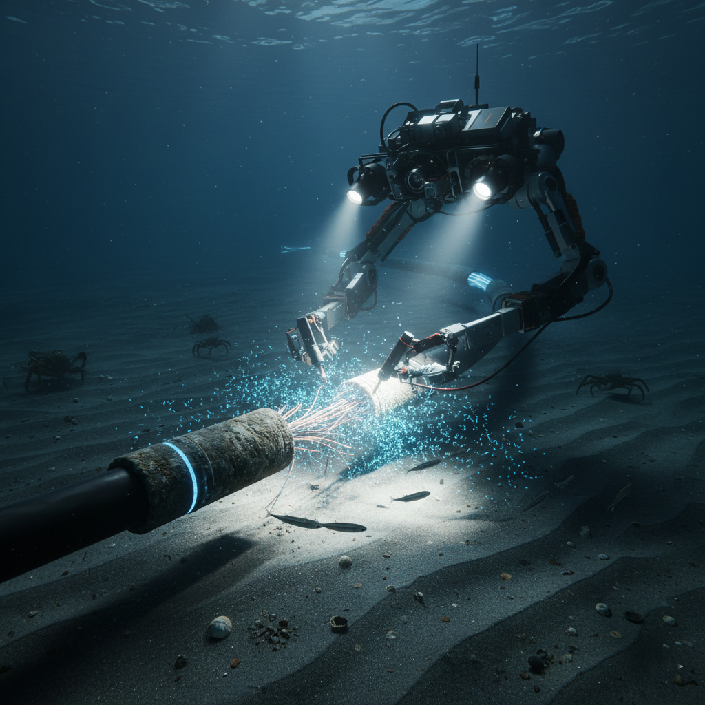 A robotic submersible (ROV) repairing a damaged cable on the dark ocean floor.