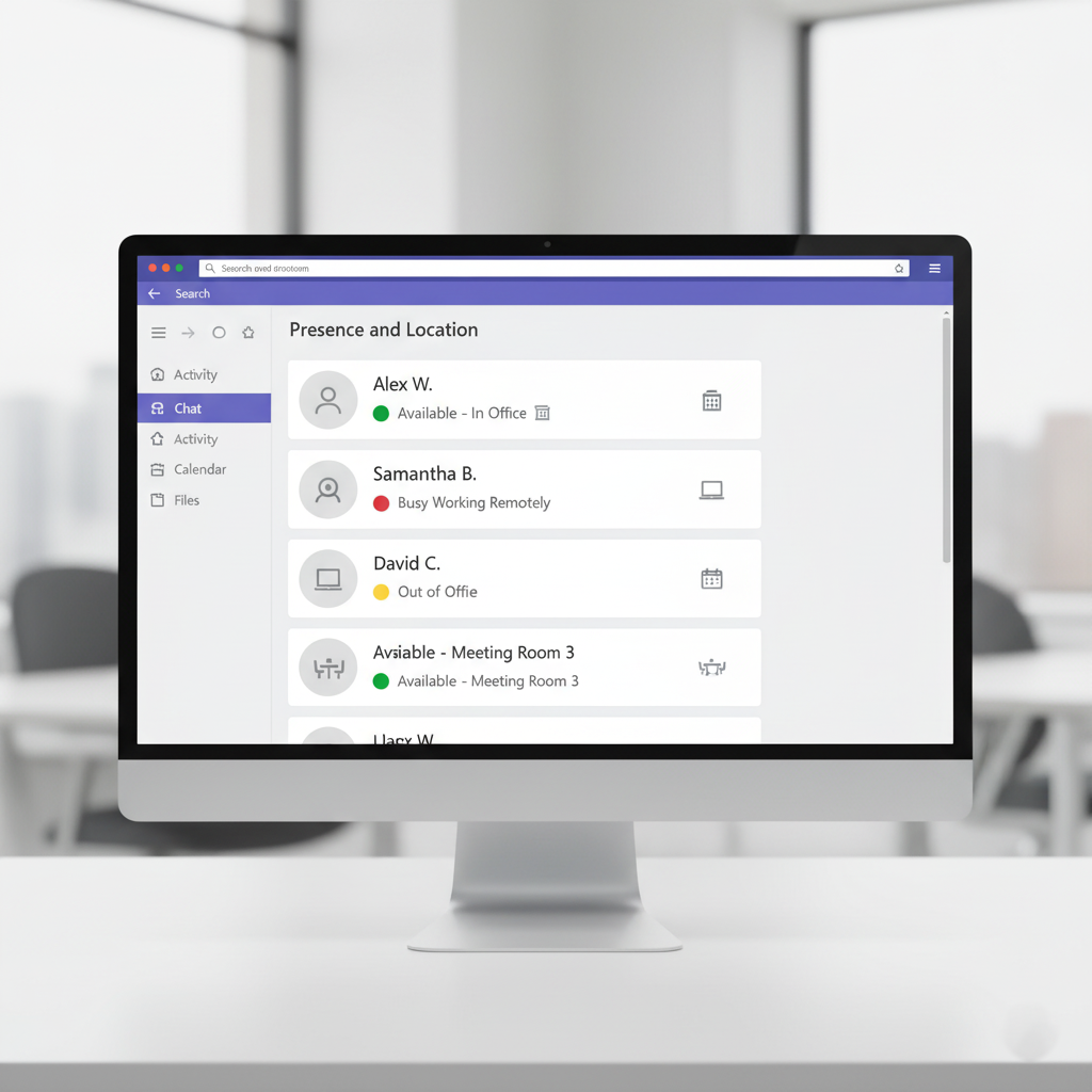 A mock-up of the Teams app showing the location status of colleagues