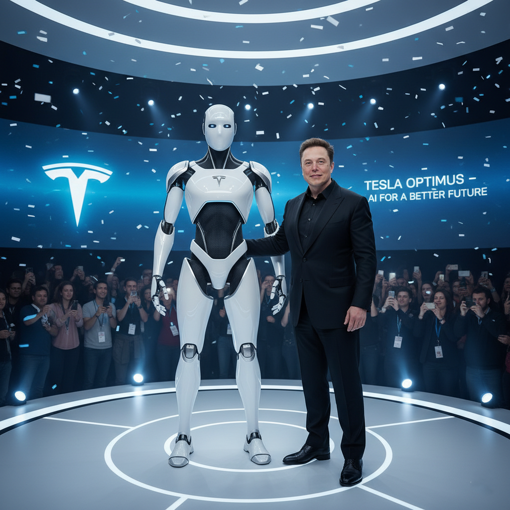 Elon Musk standing with a prototype of the Tesla Optimus humanoid robot