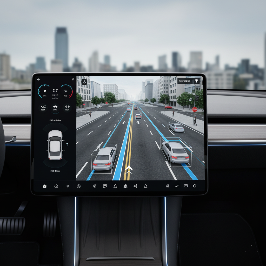 The visualization from Tesla's Full Self-Driving (FSD) interface on the car's screen
