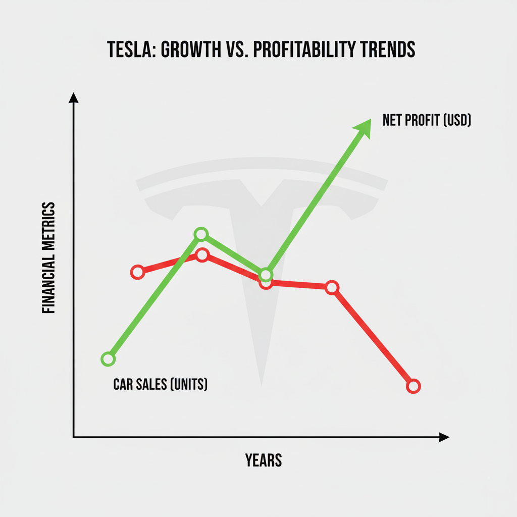 A conceptual graph showing Tesla's car sales (going up) and its profits (going down)