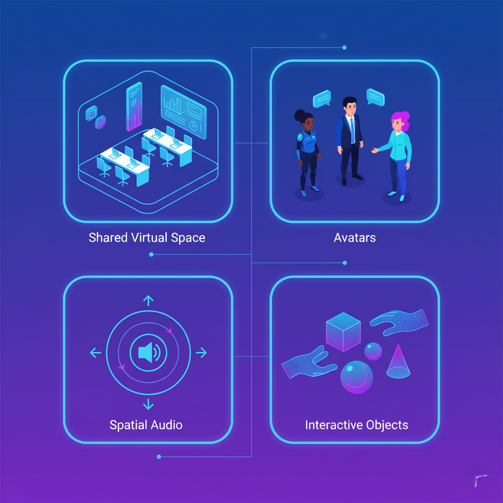 An infographic showing the four building blocks: a virtual meeting room, customizable avatars, spatial audio waves, and interactive 3D objects.