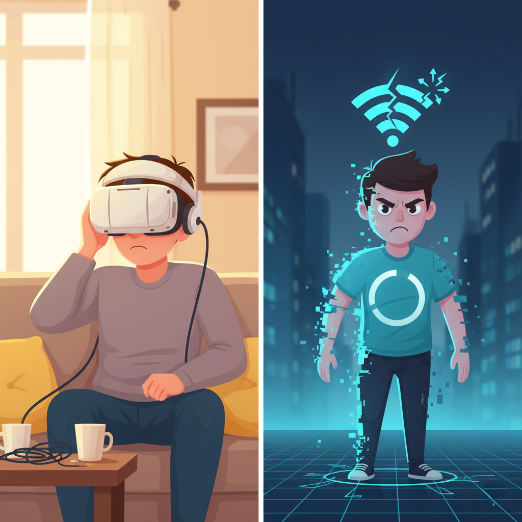 An illustration showing some challenges: a person looking uncomfortable in a bulky headset, and a glitching, pixelated avatar due to a poor connection.