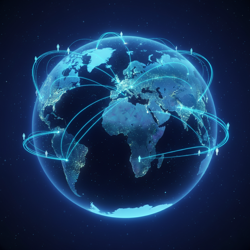 A hopeful, futuristic image of a world map with glowing lines connecting diverse people, symbolizing VR breaking down geographical barriers.