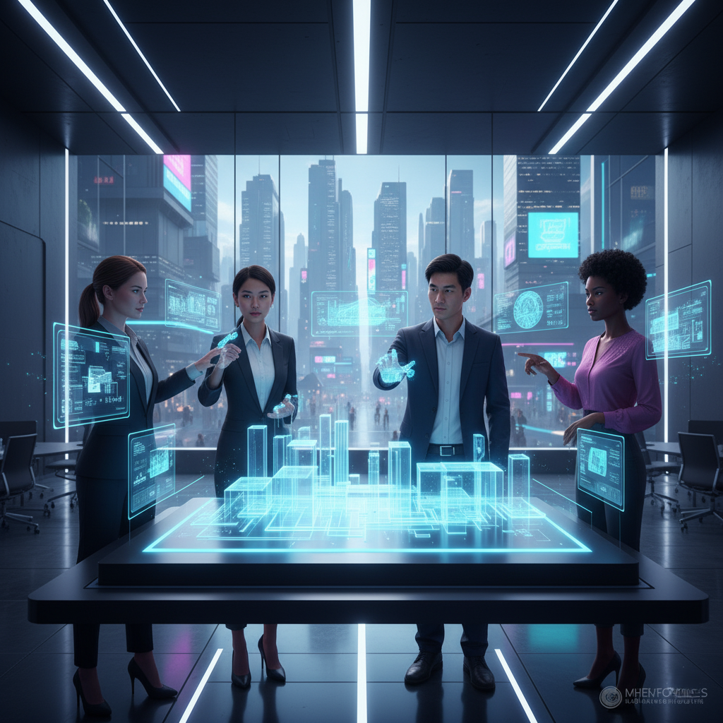 A diverse team of avatars collaborating around a holographic 3D model in a futuristic virtual office.