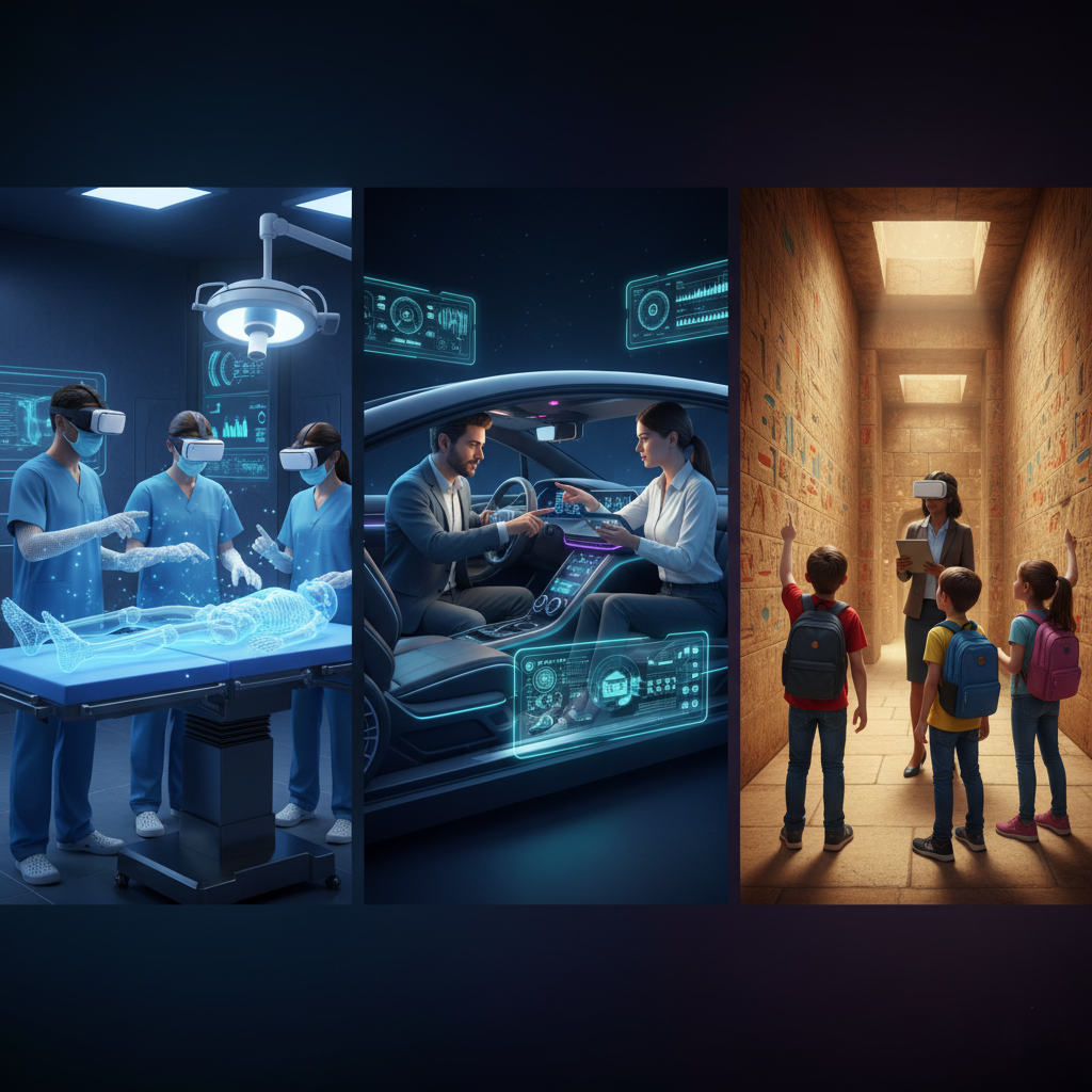 A collage of real-world uses: surgeons around a virtual patient, engineers inspecting a virtual car, and students exploring a historical site in VR.