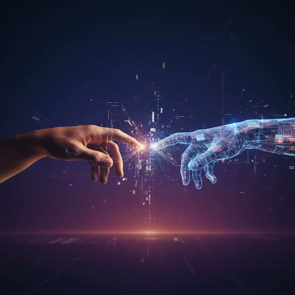 A hopeful image showing a human hand reaching out to touch the hand of a digital avatar, bridging the physical and virtual worlds.