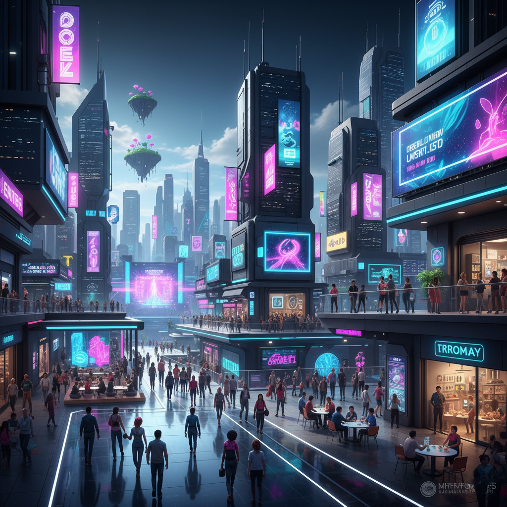 A bustling, persistent digital city with avatars socializing, shopping, and attending events.