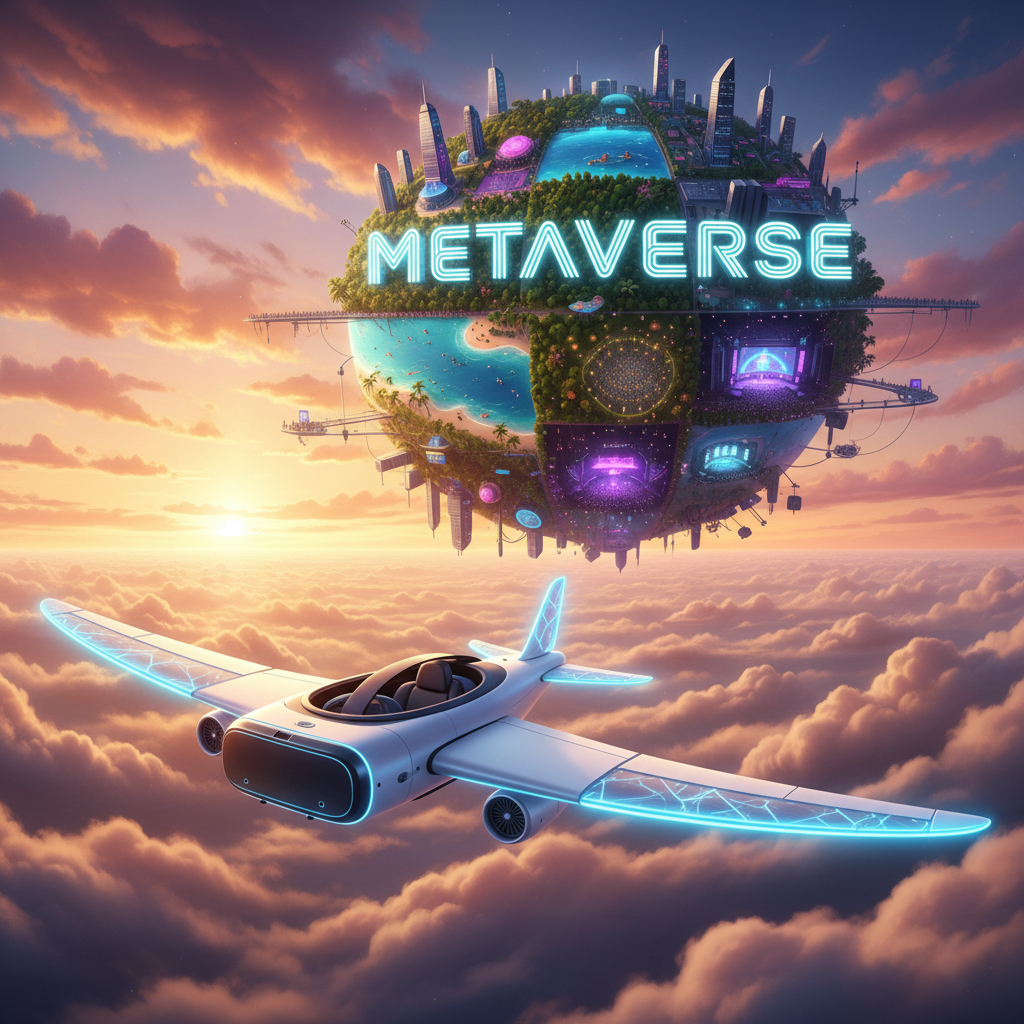 An illustration of a VR headset as an airplane flying towards a vast continent labeled 'The Metaverse'.