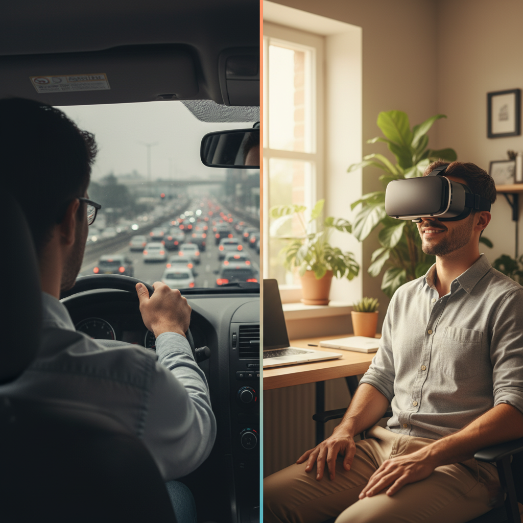 Split screen showing a stressful traffic commute vs a person working peacefully in VR from home